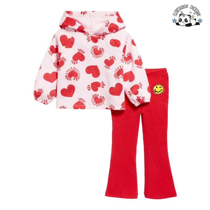 LEZONKIDS - Trendy Lovely Girls Heart Graphic 2 PCS Hoodie Sets Fashion Design Girls Clothing Set